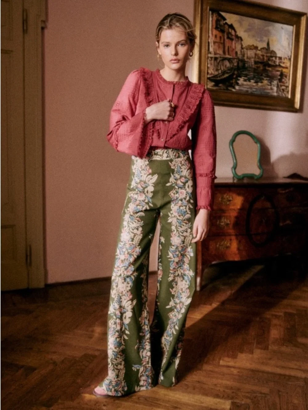 Sezane Tyler Floral Trousers High Waist Wide Leg Linen Cotton Olive Green Size 2